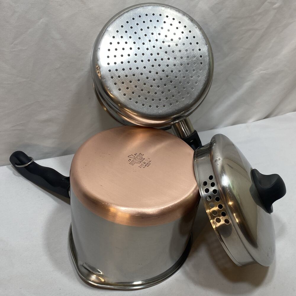 Revere Ware Copper Excel 3 1/2 Qt Saucepan Steel Strainer Lid Pour Lip Steamer